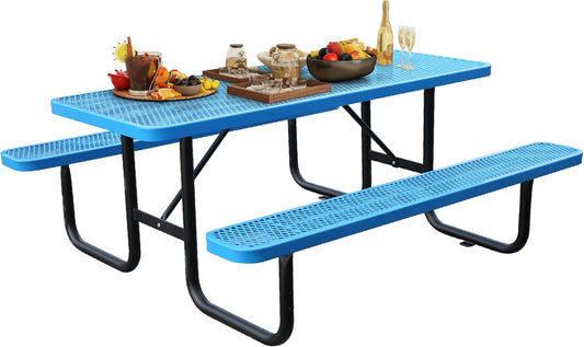 6FT Metal Picnic Tables for Outdoors, Commercial Rectangular Picnic Table and Bench Set for Outside, Patio, Garden, Backyard, Porch, Surface Mount, Blue