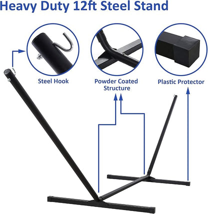 SUNCREAT Two Person Hammock with Stand Heavy Duty, Free Standing Hammocks Outdoors for 2 Person, Max 475lbs Capacity, Blue Stripes