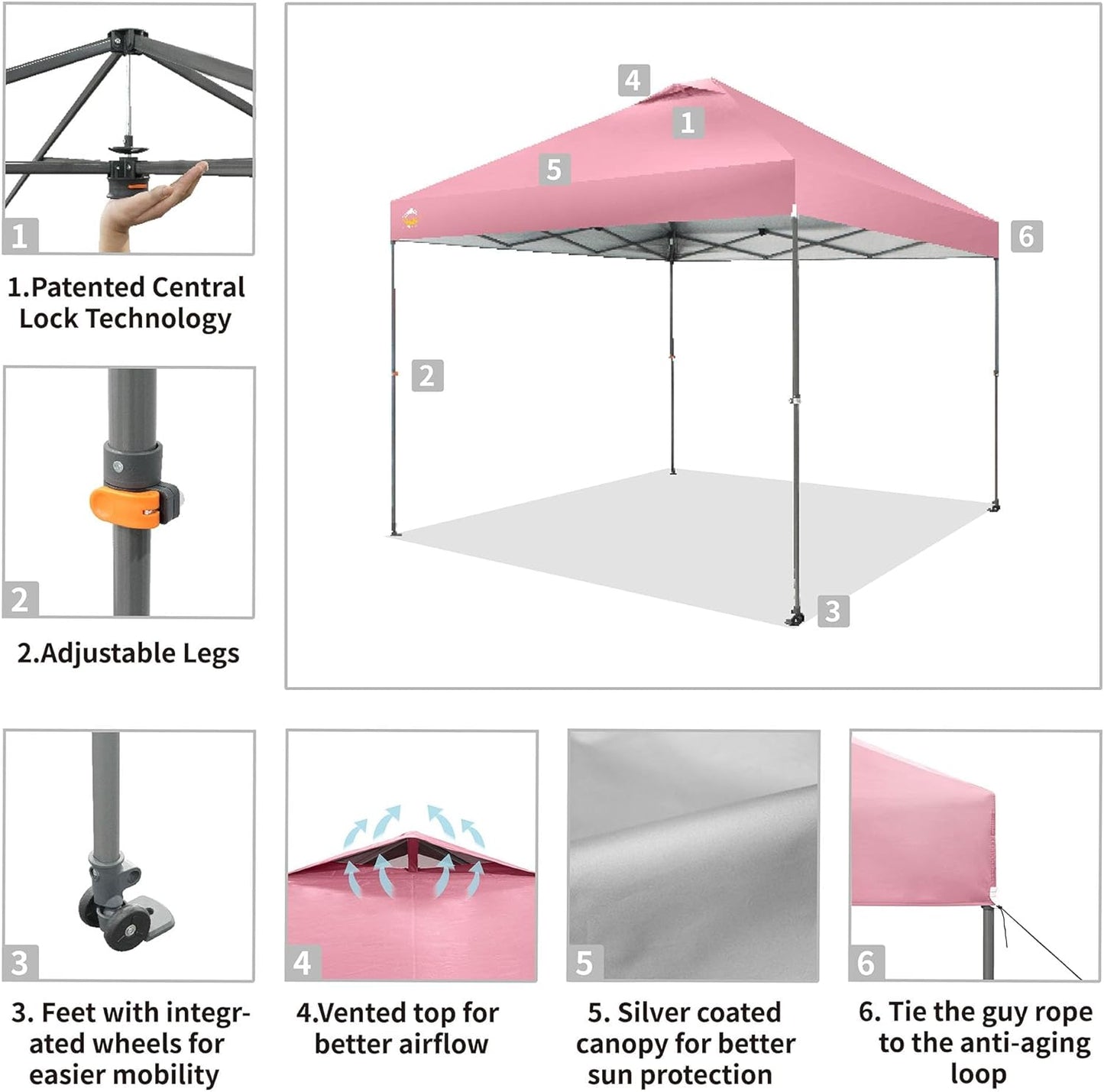 CROWN SHADES Adjustable Height on The Fly, 10x10 Pop Up Canopy - Beach Tent with One Push Setup - Easy Outdoor Sun Shade for Events, Parties, Camping - Outside Shade with STO-N-Go Bag, Pink