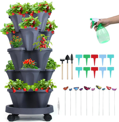 Vertical Planter, 5 Tier Stackable Strawberry Planter with Garden Tool Set, Movable Indoor/Outdoor Garden Herb Pot for Growing Vegetables and Succulents, Dark Gray