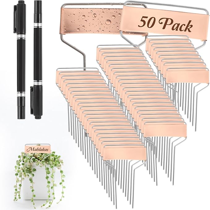 50 Pcs 4 Inch Copper Plant Tags, Metal Plant Labels, Waterproof Garden Label Markers, Weatherproof Metal Garden Tags Plant Labels, Marking Protection Seedling Signs Nursery Tags with 2 Permanent Pen