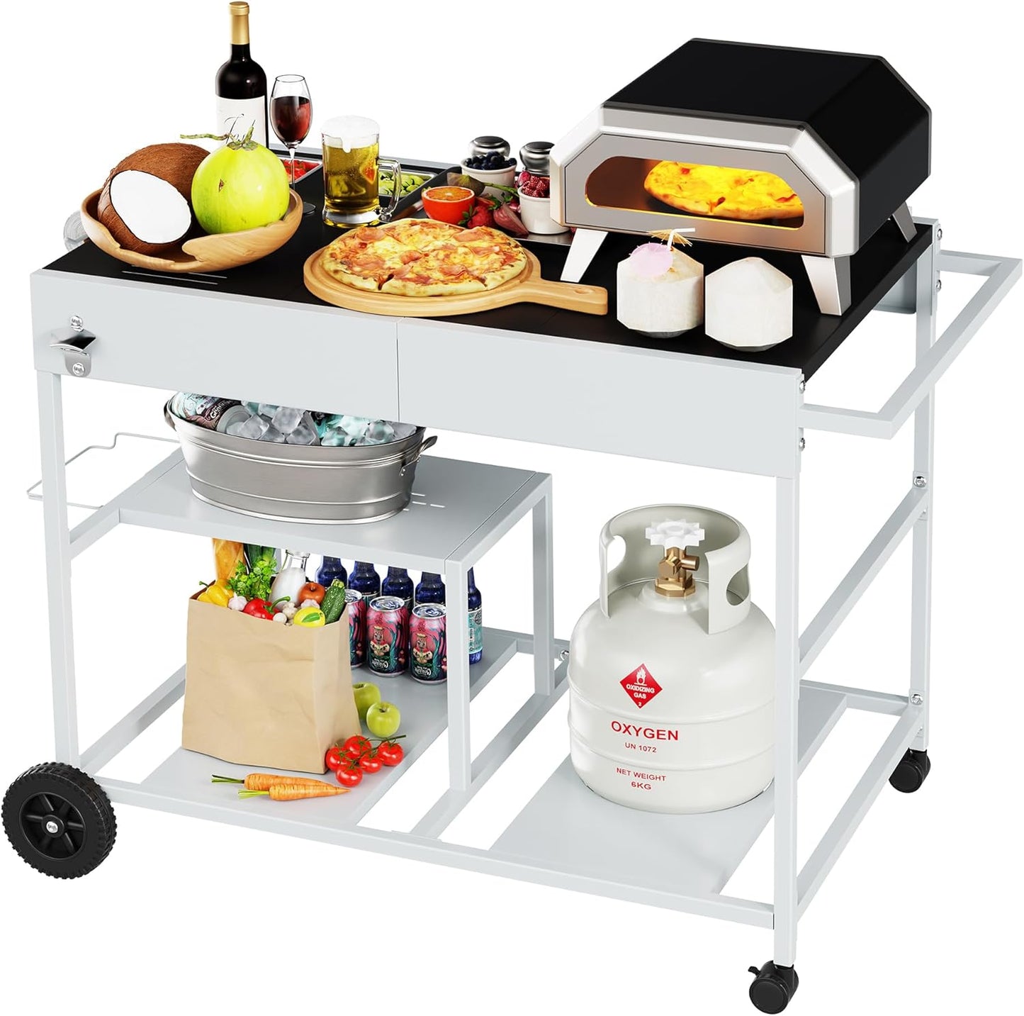 JY QAQA Outdoor Pizza Oven Stand with Condiment Shelf, Outdoor Cooking Cart, Grill Worktable for Patio, Food Prep Station Fits Ninja Woodfire Grill, Cuisinart Grill, Blackstone Griddle