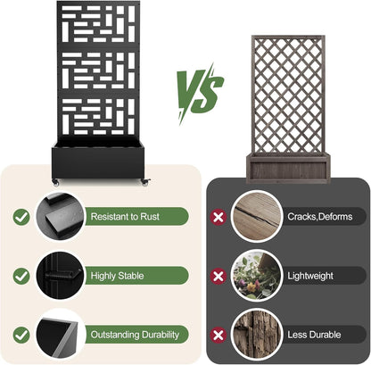 Metal Planter Box with Trellis, 71"x 35"x 16" Raised Garden Bed with Trellis & Wheels, Privacy Planters for Patio, Planter Box with Drainage Holes for Climbing Plants, Flower, Vegetable