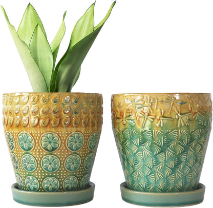 6 Inch Ceramic Planter with Drainage Hole and Saucer for Plants, Indoor-Outdoor Large Round Succulent Orchid Flower Pot, Set of 2