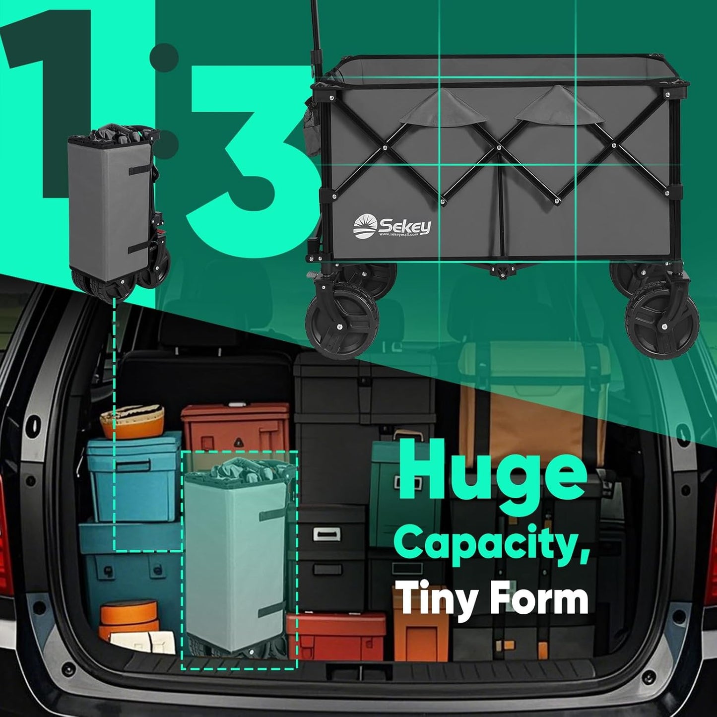 Collapsible Wagon Cart with Big All-Terrain Beach Wheels, Foldable Heavy Duty Wagons with Cup Holders, Utility Carts for Camping, Garden, Outdoor, Grocery, Sports. Grey