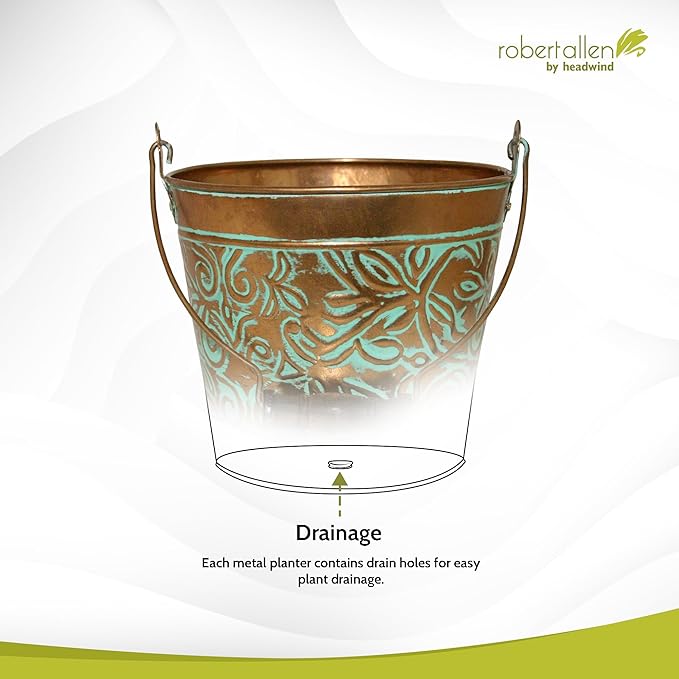 Headwind Robert Allen Vintage Floral Metal Planter with Handle, 12-Inch, Vintage Copper – Lightweight Indoor/Outdoor Flower Pot with Drainage Hole