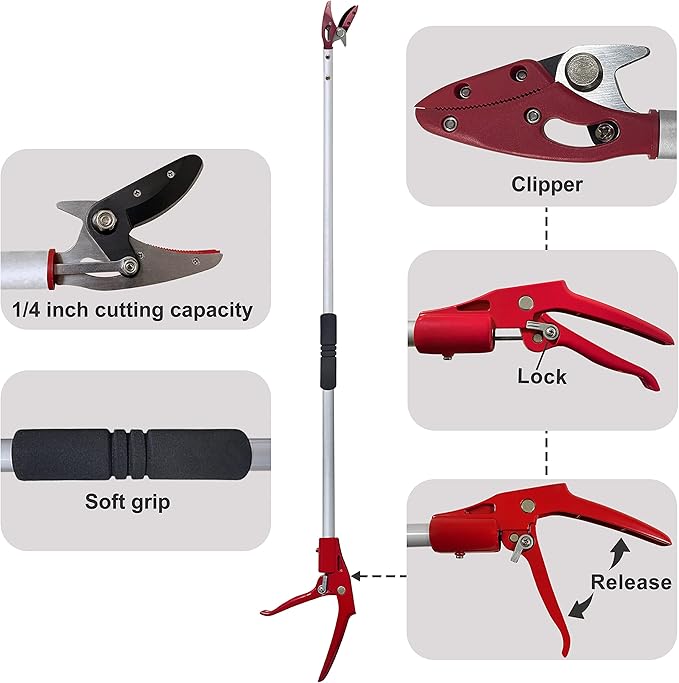 Tree Trimmer, 4 Foot Pole Pruner, Long Reach Pruning Shears, Cut and Hold Garden Clippers, Aluminum Lightweight Handle Fruit Picker, Branch Bypass Loppers