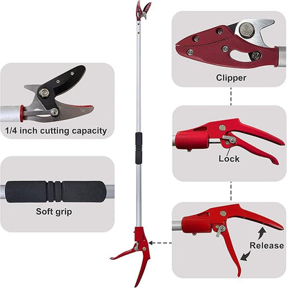 Tree Trimmer, 4 Foot Pole Pruner, Long Reach Pruning Shears, Cut and Hold Garden Clippers, Aluminum Lightweight Handle Fruit Picker, Branch Bypass Loppers