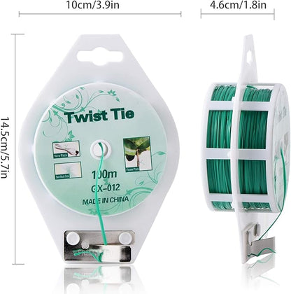 2 Reels 328 Feet (100m) Twist Tie, Green Coated Garden Plant Ties with Cutter for Gardening and Office Organization, Home