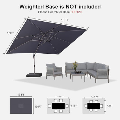 PURPLE LEAF 10' X 13' Patio Umbrella, Rectangle Outdoor Cantilever Umbrella, Aluminum Offset Umbrella with Champagne Frame and 360° Rotation for Pool Deck Garden, Light Grey