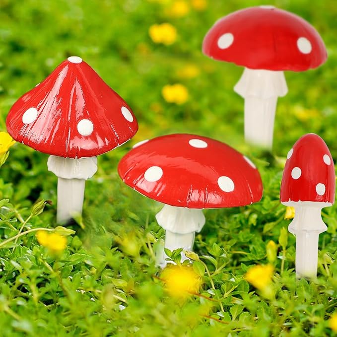 Juegoal Set of 6 Fairy Garden Miniature Mushrooms Statues, Glow in Dark Mini Red Mushroom Resin Figurines, Outdoor Garden Yard Art Accessories, Fly Agarics Sculpture Lawn Ornament Decorations