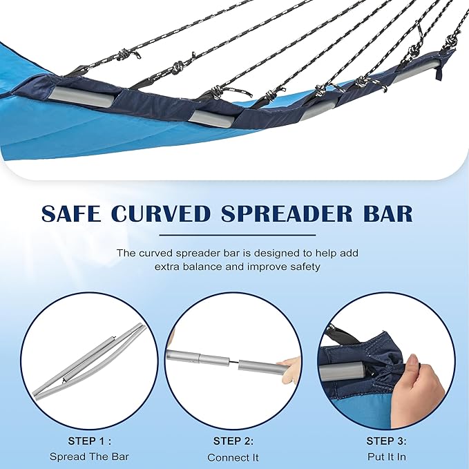 Lazy Daze Hammocks 12 FT Quilted Fabric Hammock with Curved Aluminium Spreader Bar, Outside Double Hammock with Soft Pillow, Side Pocket 450 Lbs Capacity for Patio, Poolside, Lake Blue