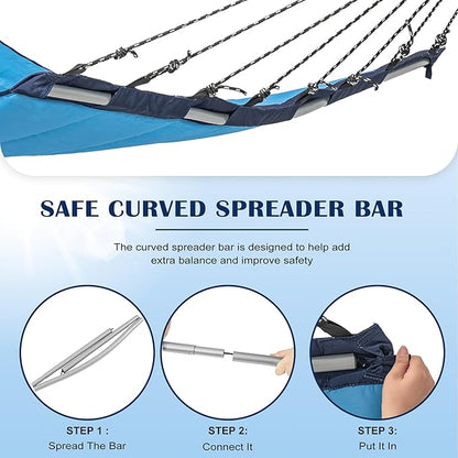 Lazy Daze Hammocks 12 FT Quilted Fabric Hammock with Curved Aluminium Spreader Bar, Outside Double Hammock with Soft Pillow, Side Pocket 450 Lbs Capacity for Patio, Poolside, Lake Blue