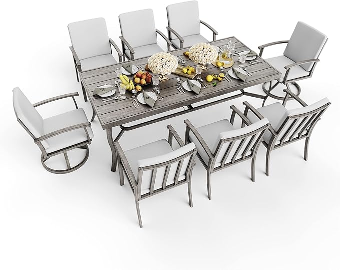 HAPPATIO Aluminum 9 Piece Patio Dining Sets, Outdoor Dining Set for 8, Patio Furniture Sets, 2 Swivel Dining Chairs, 6 Dining Chairs, Aluminum Furniture Set for Patio, Yard (Gray)