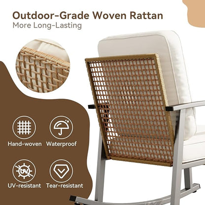 Aoxun 3-Piece Outdoor Rocking Bistro Set, Patio Furniture Set with Coffee Table and Thick Cushions, Wicker Rocking Chairs Set of 2 for Garden, Balcony, Backyard, Poolside (Beige)
