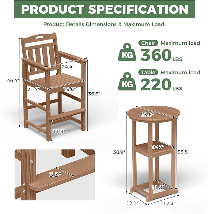 HDPE Outdoor Patio Bar Set with Bar Height Table and 2 Adirondack Chairs, All-Weather High Top Outside Round Pub Furniture for Bistro, Garden, Backyard, Deck | 3-Pieces, Teak