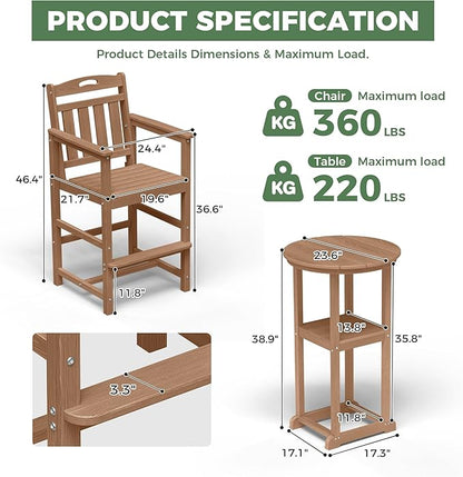HDPE Outdoor Patio Bar Set with Bar Height Table and 2 Adirondack Chairs, All-Weather High Top Outside Round Pub Furniture for Bistro, Garden, Backyard, Deck | 3-Pieces, Teak