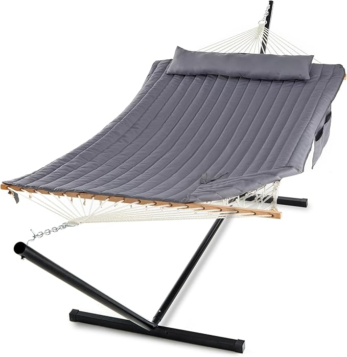 PNAEUT Double Hammock with Stand for Outside, Rope Hammocks with Polyester Pad 2 Person, 12ft Heavy Duty Stand, Extra Pillow, Storage Sidebag, Max 475 lbs Capacity (Gray)