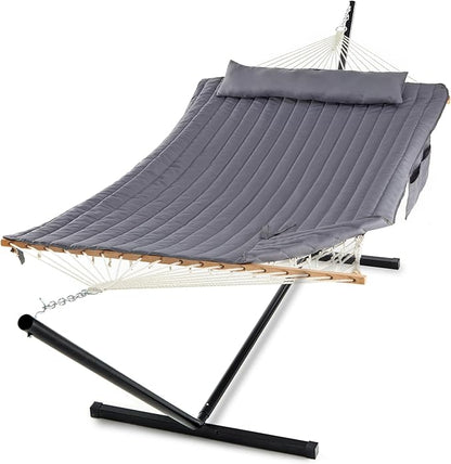 PNAEUT Double Hammock with Stand for Outside, Rope Hammocks with Polyester Pad 2 Person, 12ft Heavy Duty Stand, Extra Pillow, Storage Sidebag, Max 475 lbs Capacity (Gray)