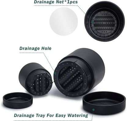 Phoenix Vine 6 Inch and 8 Inch Planter Pot with Drainage Hole & Deep Water Catch Tray Saucer, Straight Cylindrical Round Pot for Plants, Matte Black, 23-A-2-Y