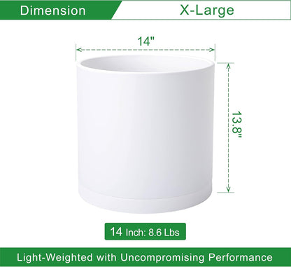 D'vine Dev 14 Inch White Plastic Planter Pots for Plant Pot with Drainage Hole and Seamless Saucers, 74-X-A-4