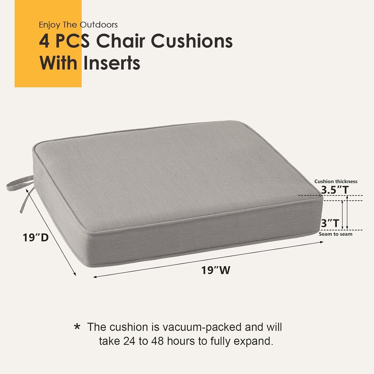 Outdoor Sunbrella Square Corner Seat Cushion, 19"x19"x3", Set of 4, Non Slip Outdoor Seat Cushion Pads with Removable Cover for Patio Furniture, Garden Yard Lawn, Specrtum Pebble