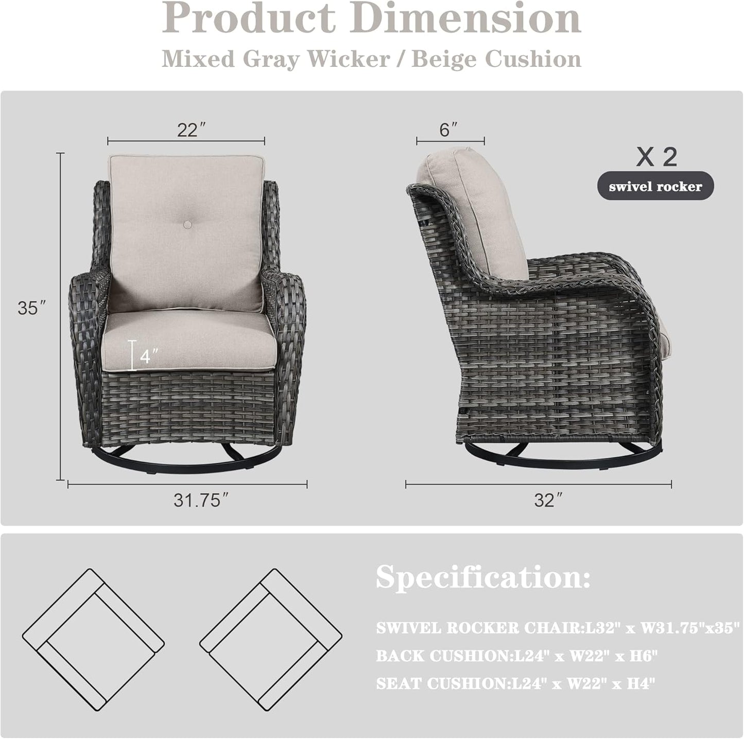 Outdoor Swivel Rcoker Patio Chairs - Outdoor Swivel Patio Chairs Set of 2 Wicker Chair Patio Furniture Sets with Covered Cushion for Porch Deck Balcony Garden, Beige