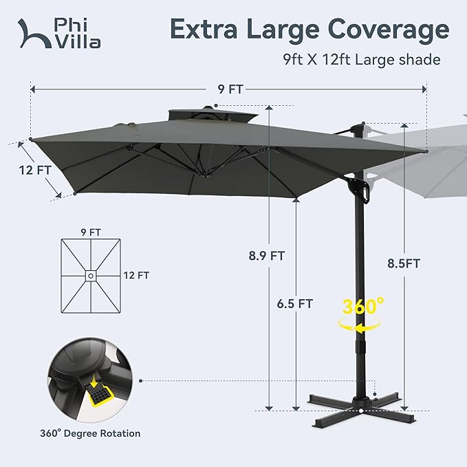 PHI VILLA 9'x 12' Large Patio Umbrella, Outdoor Aluminum Cantilever Umbrella with Double Top Rectanglar Canopy, Windproof Hydraulic Offset Umbrella for Pool, Deck, Garden, Beach, Porch, Grey