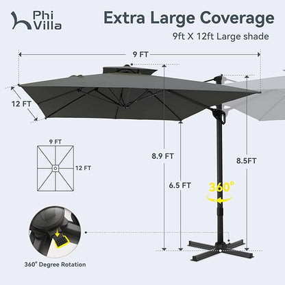 PHI VILLA Cantilever Patio Umbrella with Base, 9' X 12' Outdoor Large Rectangluar Umbrellas with 360°Rotation, Heavy Duty Hydraulic Double Umbrella Windproof for Outside, Deck, Garden, Porch, Grey