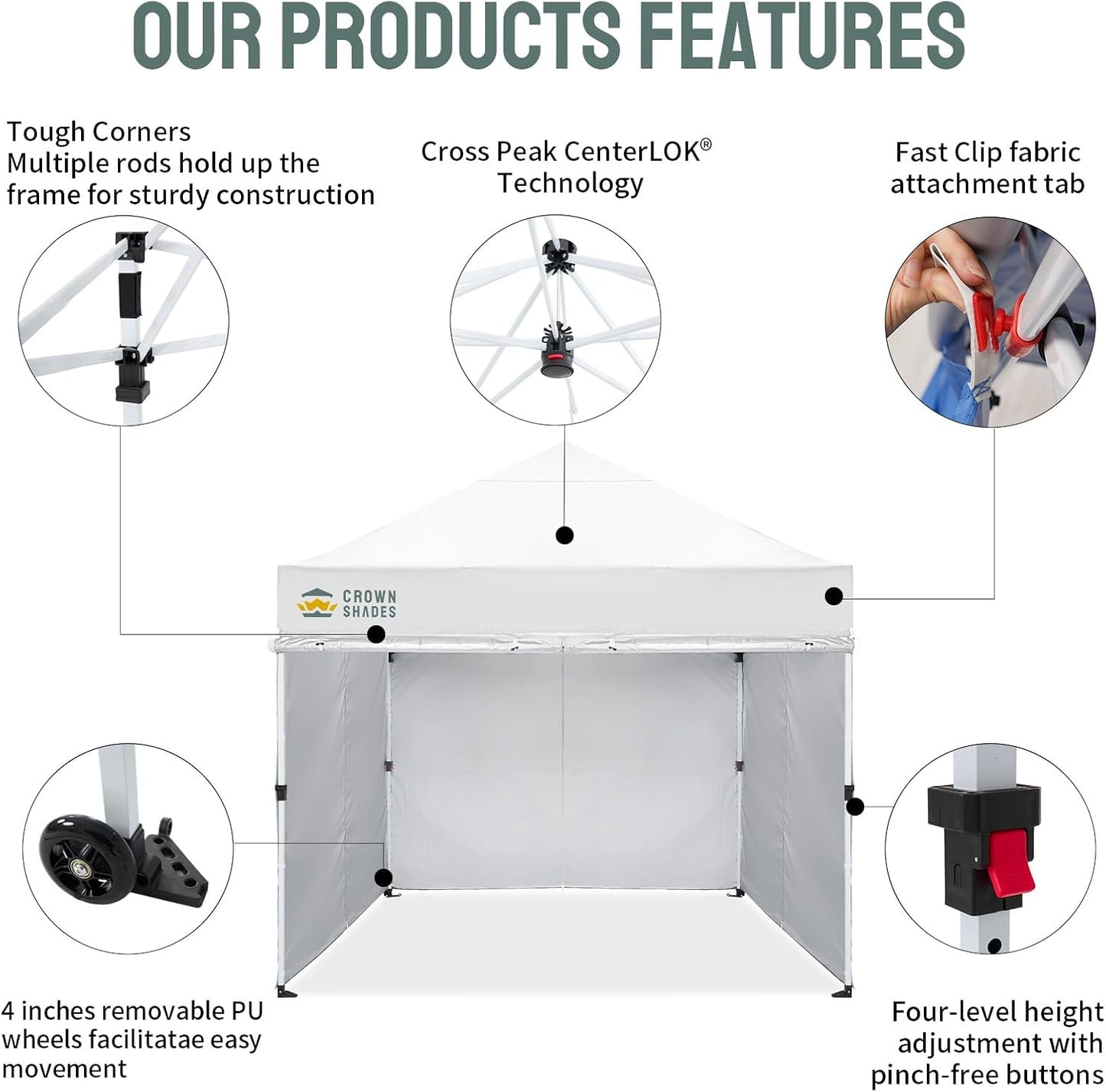 CROWN SHADES 10x10 Pop Up Canopy Tent Instant Commercial 1-Person Setup Patended Centerlock with 400D Fabric, 4 Sidewalls, 4" Wheels, 4 Upgraded Weights, Sto'N Go Bag, White