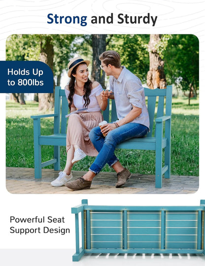 Patio Chairs Set, Weatherproof HIPS Outdoor Furniture, Include 2 Patio Dining Chairs + Outdoor Bench, Suit for Garden, Porch, Lawn & Backyard (Lake Blue)