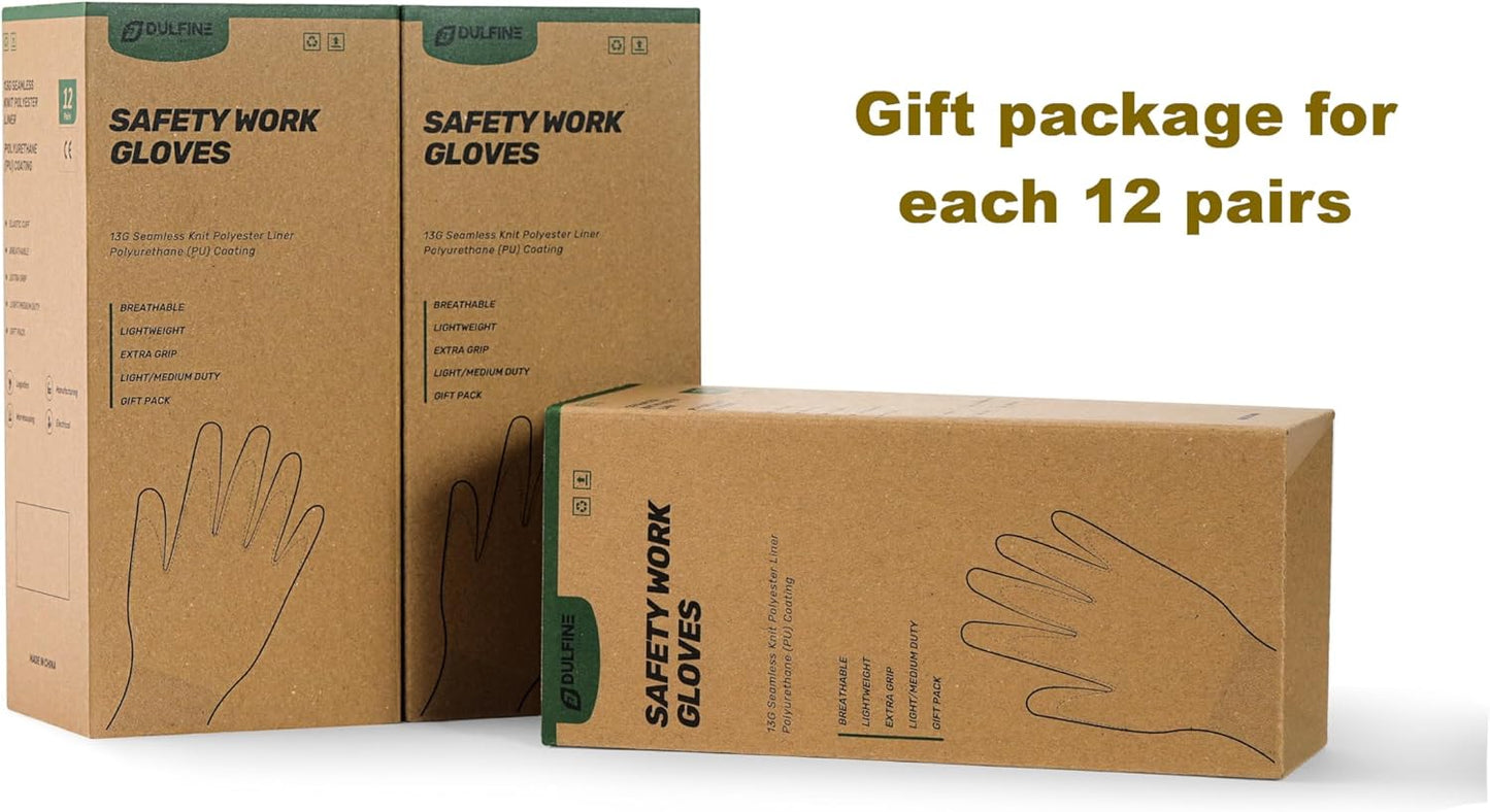 DULFINE Work Gloves for Men PU Coated 12 Pairs Bulk Pack,Pink Seamless Knit Glove with thin Polyurethane,Two Finger Touchscreen, for Men and Women, Ideal for Light Duty Work. (Medium)