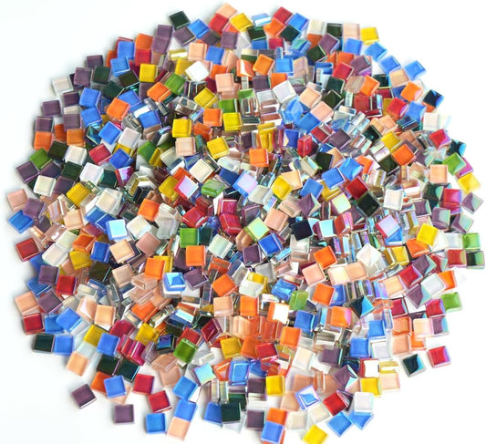 1100pcs Mixed Colors Iridescent Mosaic Tiles, 2.2lbs Crystal Glass Tiles, 3/8" Square Mosaic Tiles with Smooth Edges, 1KG Small Stained Glass Pieces Great for DIY Mosaic Crafts, Home Decor