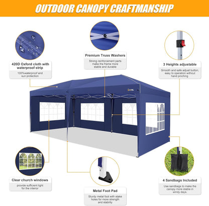 HOTEEL 10x20 Pop up Canopy with Sidewalls, One Push Outdoor Tents for Parties Waterproof Canopy Tent with Center Lock, Reinforce Rod,Easy Setup Event Tent with Sandbag for Backyard,Camping,Market,Navy