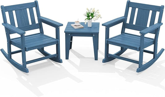 SERWALL 3 Piece Patio Rocking Bistro Set, Outdoor Bistro Set with Side Table, All Weather Outdoor Rocking Chair Set for Garden, Balcony, Backyard, and Porch- Blue