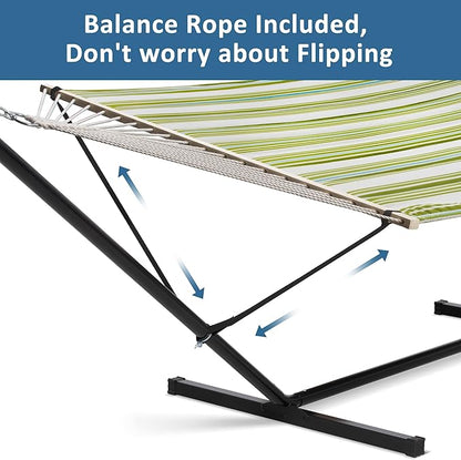 SUNCREAT Portable Double Hammock with Stand, 475 lbs Capacity, Heavy Duty Two Person Hammock with Stand Included, Green Stripe