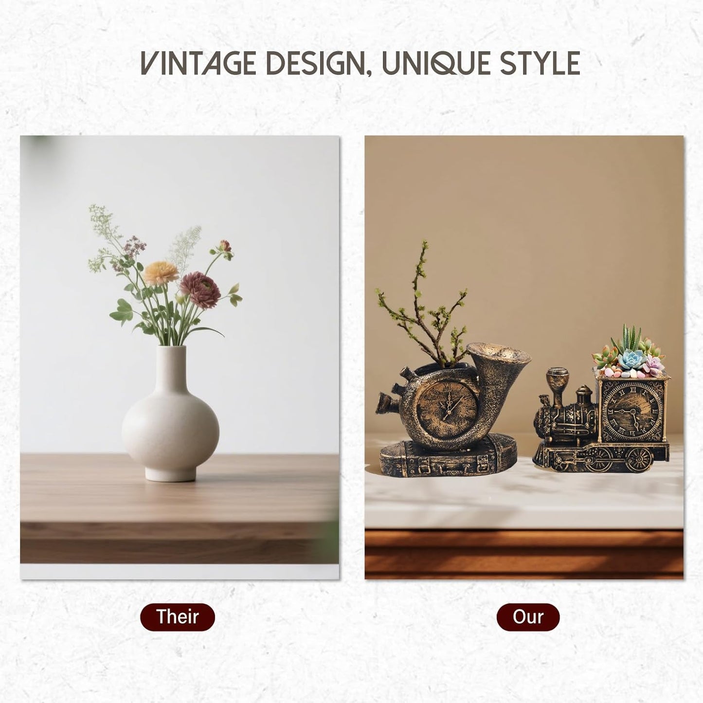 Retro-Style Succulent Pots with Drainage, Indoor/Outdoor Planter, Nostalgic Cactus/Bonsai Garden Pots for Home Decoration and Office Desk Decoration, Vintage Artwork (2 Piece Set) (Bronze-Colored)