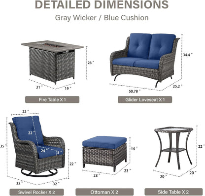 8 Piece Outdoor Patio Furniture Set - 41" CSA Propane Fire Pit Table Patio Conversation Set with Swivel Rocker Outdoor Chairs, Wicker loveseat and Ottoman for Outside Casual Gathering