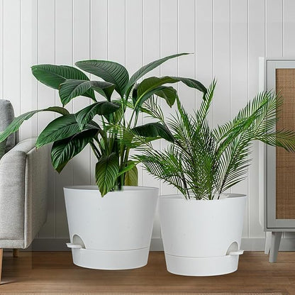 12inch Large Self Watering Plant Pot, Plastic Cylinder Planter with 60Oz Deep Reservoir and Saucer for Indoor Outdoor Plants Flowers Houseplants, White