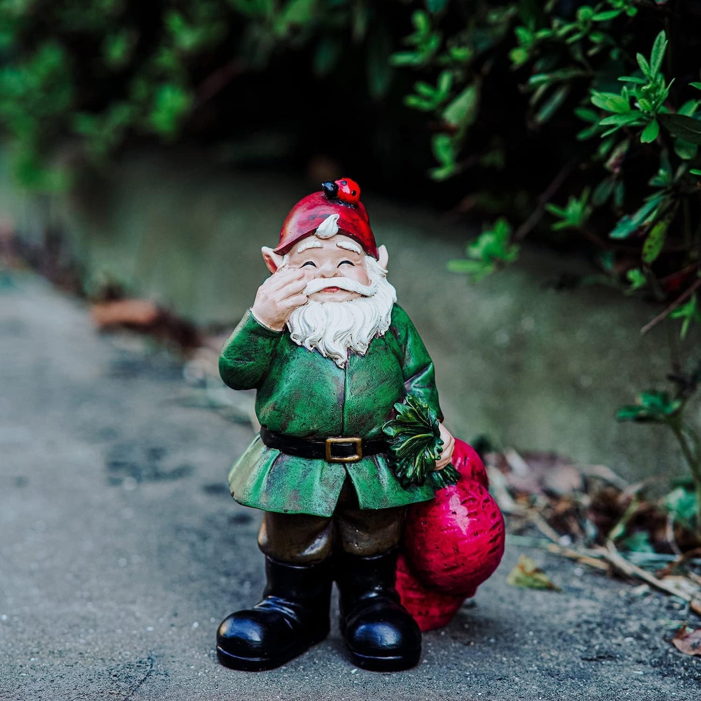 Topadorn Gnomes Figurine Resin Sculpture Garden Gnome Drag a Brunch of Radishes Statue with a Ladybug for Indoor Outdoor Decor, Radish Harvest 10 Inch, Weatherproof Garden Gnome Yard Statue Decor