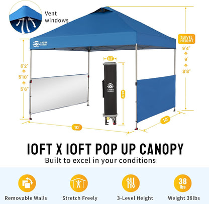 CROWN SHADES Canopy Tent, 10 x 10 Foot Portable Pop Up Outdoor Shelter with 2 Half Sidewalls, 1 Push Center Lock, UV Protection, and Carry Bag, Blue