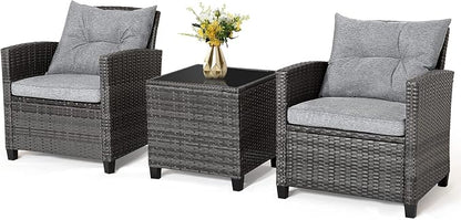 RELAX4LIFE Wicker Patio Furniture Sets - 3 Pieces Rattan Sofa Set, Outdoor Conversation Set with Tempered Glass Tabletop, Heavy-Duty Steel Frame, Wicker Chair Set for Poolside, Backyard, Grey