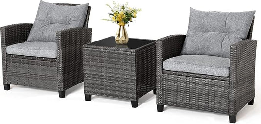 RELAX4LIFE Wicker Patio Furniture Sets - 3 Pieces Rattan Sofa Set, Outdoor Conversation Set with Tempered Glass Tabletop, Heavy-Duty Steel Frame, Wicker Chair Set for Poolside, Backyard, Grey
