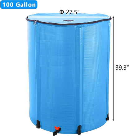 100 Gallon Collapsible Rain Barrel, Portable Rainwater Collection System, Water Storage Tank, Rain Catcher Barrel with Spigots and Overflow Kit, Rain Water Barrel Collector for Garden, Blue