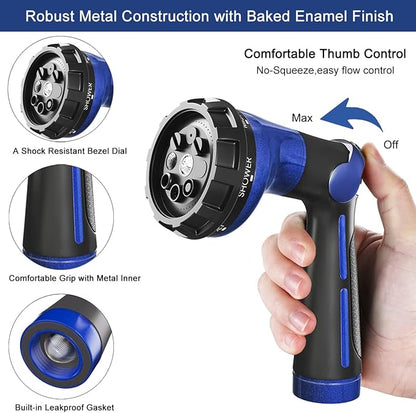 FANHAO Garden Hose Nozzle 100% Heavy Duty Metal Water Hose Sprayer with 8 Spray Patterns, High Pressure Spray Nozzle with Thumb Control, On Off Valve for Watering Plants, Washing Cars & Pets, Blue