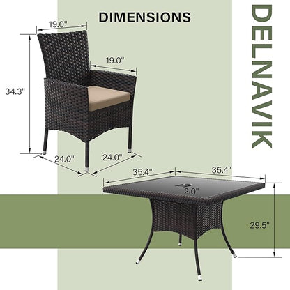 Kurapika 5-Piece Patio Furniture Outdoor Dining Set, Wicker Rattan Patio Dining Table and Chairs Set, Square Tempered Glass Tabletop with 4 Chair Set, Sand