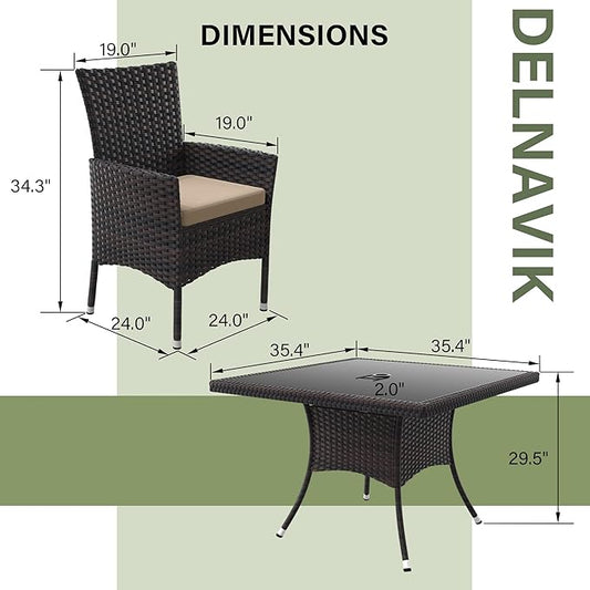 Kurapika 5-Piece Patio Furniture Outdoor Dining Set, Wicker Rattan Patio Dining Table and Chairs Set, Square Tempered Glass Tabletop with 4 Chair Set, Sand