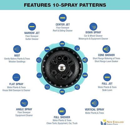 Heavy Duty Metal 10 Pattern Fireman’s Hose Nozzle 500003 with Lever Control and Comfort Grip by New England Garden Tools for Cleaning, Watering Plants & Yards, Washing Cars & Livestock