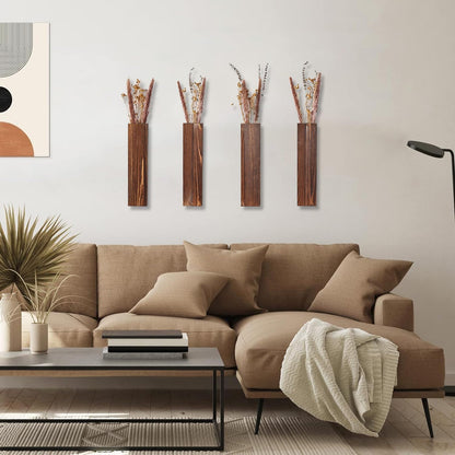 Wooden Wall Planter Set of 4 - Modern Home Decor for Living Room, Bedroom, Bathroom - Walnut Finish Planter for Dried Flowers, Faux Greenery, Indoor Plants