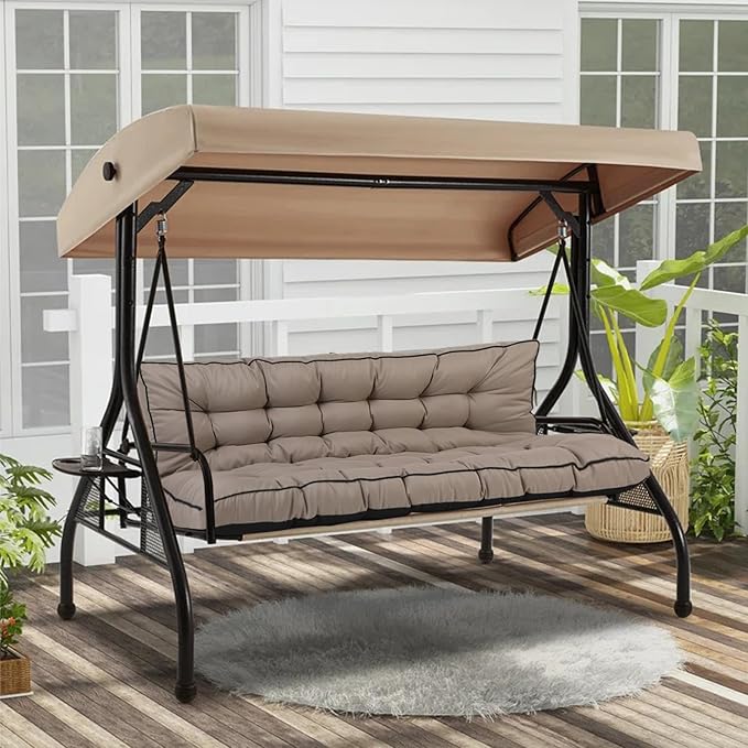 Swing Replacement Cushions with Backrest, 2 or 3 Seater Waterproof Non-Slip Overstuffed Swing Pad, Indoor/Outdoor Bench Cushion for Porch Chair Garden Furniture (Khaki, 40 * 63 in)